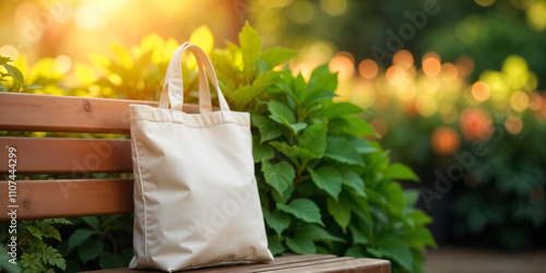 Eco-friendly shopping bag made from cotton or mesh against a backdrop of vibrant green grass. Embracing zero waste and eliminating plastic use. Concept of sustainable shopping and recycling.