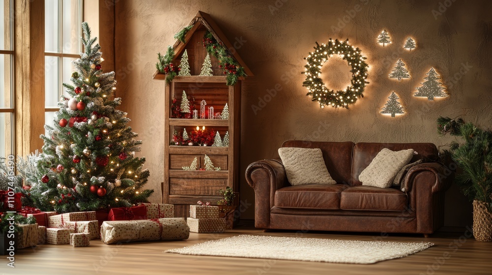 Fototapeta premium A beautifully adorned Christmas tree sparkles in the cozy corner of a warm living room, radiating festive cheer and joy.