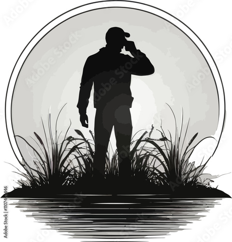 Silhouette of a man standing in tall grass by water.