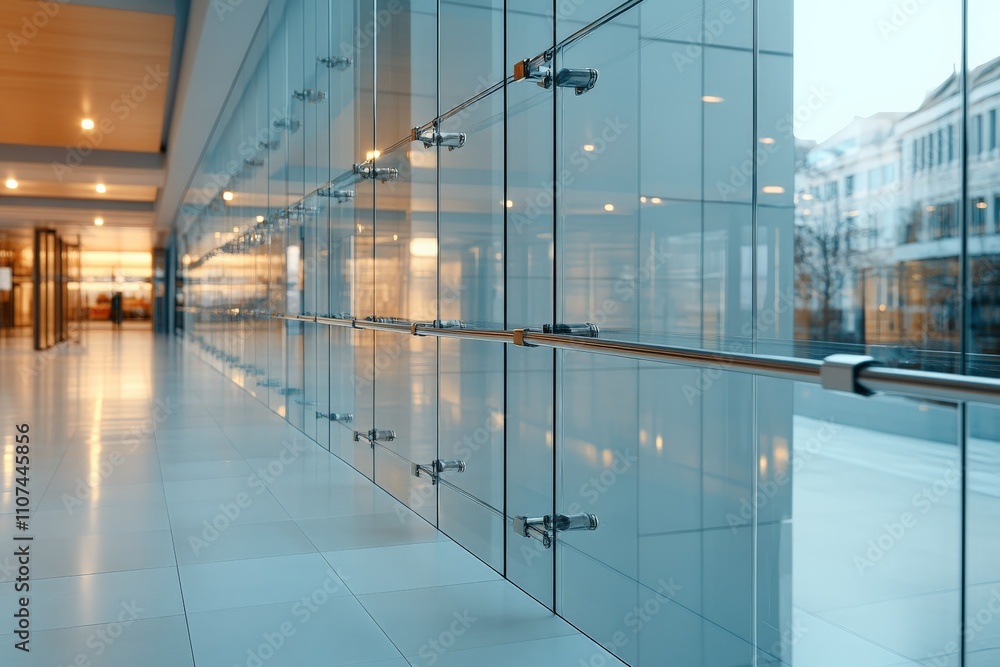 Obraz premium This modern glass corridor showcases elegant design elements and a sleek aesthetic, creating a visually appealing space ideal for high-end commercial interiors.