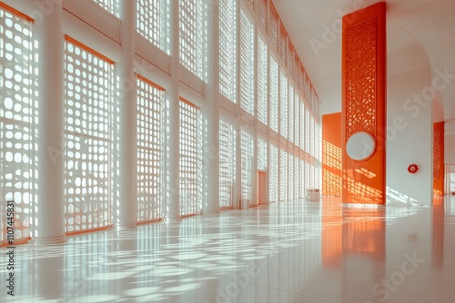 Intricate decorative windows cast playful shadows and patterns on the floor, creating a vibrant atmosphere that highlights the fusion of light and architecture. photo