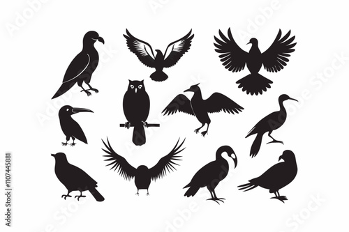 Diverse Bird Silhouette Set – Elegant Black Bird Designs for Creative Projects