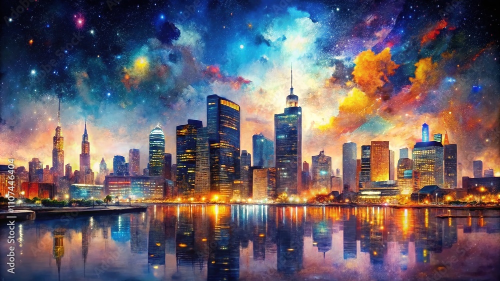 Obraz premium Dazzling double exposure showcases nighttime city life, blending vibrant colors and dynamic visuals in an AI-created oil painting, ideal for eye-catching clipart.