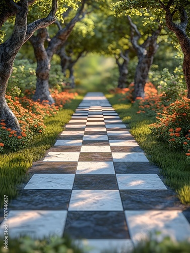 A clay-style checkered chessboard made of spliced grasslands with a simple centered background photo