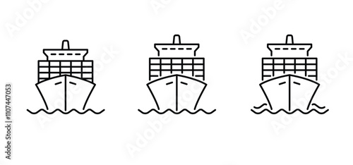 Cartoon cargo container ship. Boat line pattern. Cargo vessel, ship, boats outline logo. Shipping cargo containers transport concept. Transportation containership, sea or ocean ships. 