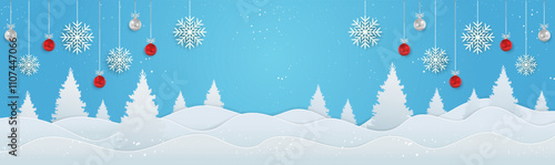 Winter banner or background, Happy New Year and Merry Christmas, with paper snowflakes, Christmas tree decorations, fir trees and snowdrifts.