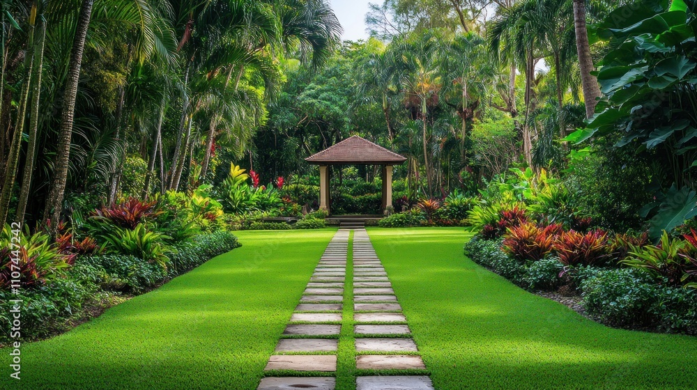 Lush tropical garden with gazebo and stone path. Lush tropical garden with gazebo and stone path.