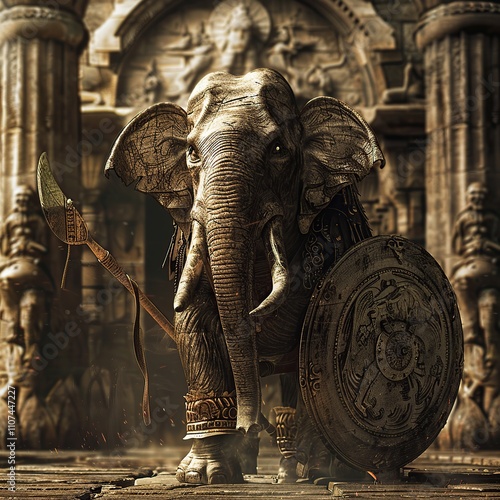 Armored elephant warrior stands guard before ancient temple ruins. photo