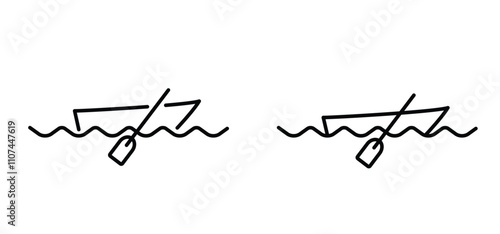 Cartoon rowing boat and paddle icon. Pleasure row boat with oars. Rowing, rower silhouette. Water transport, fishing boat.Maritime kayak boat. Water wave. rowboat for fun and holiday sports.