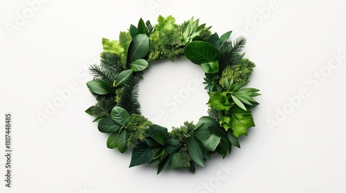 Green foliage wreath made of various leaves and plants on a plain white background, showcasing natural and botanical elements.