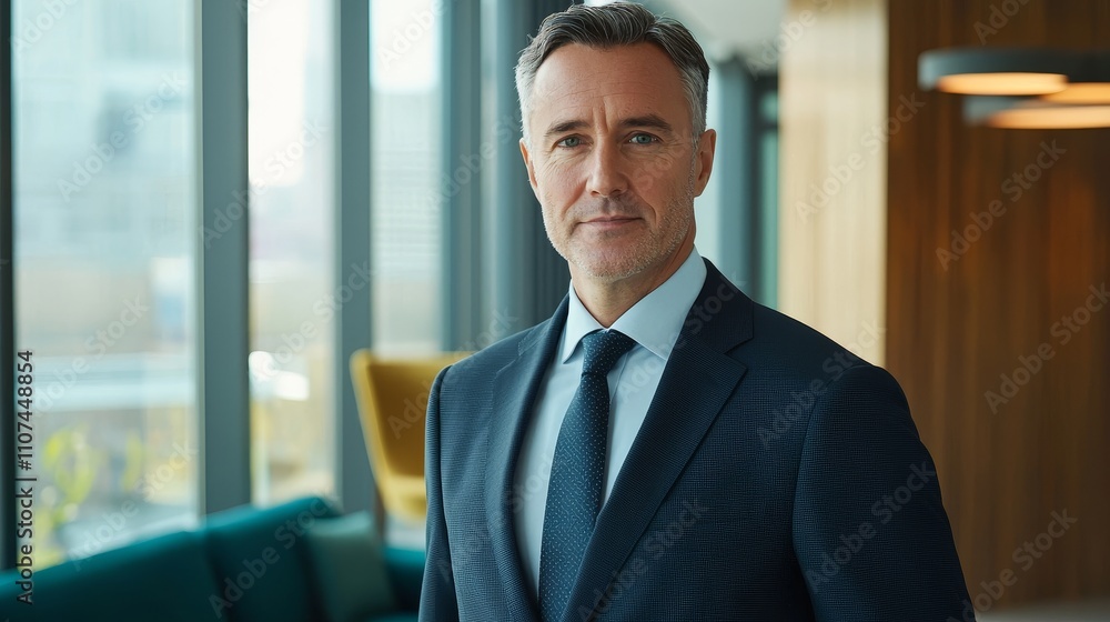 Mature businessman in navy suit stands confidently in modern office with warm lighting. Mature businessman in navy suit stands confidently in modern office with warm lighting.