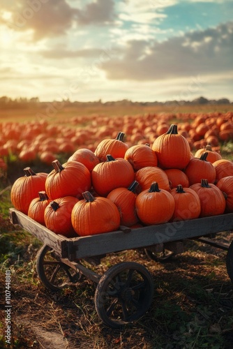 Pumpkin in farmland in Fall. Seasonal theme for greeting card background.