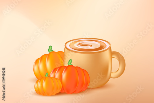 Cute 3D cup of coffee with pumpkins. Pumpkin spice latte illustration isolated PNG, transparent background. Great for cafe menu, delivery price, discount sale, commercial ads, hot drinks presentation