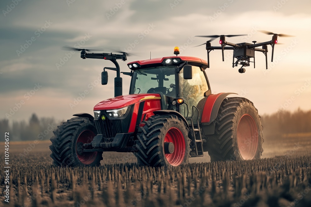 Fototapeta premium Modern Farming Technology: A Red Tractor with Drone Support Operating in an Agricultural Field at Sunset, Showcasing Precision Farming Innovations