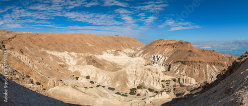 Panoramic miracle photo on Dead Sea, wonderland with blue sky, unusual stone ...