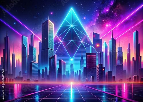 Electric hues illuminate sleek, angular formations, creating a surreal urban tapestry. This futuristic synthesis invites exploration, merging nostalgia with innovation in a vivid photographic experien photo