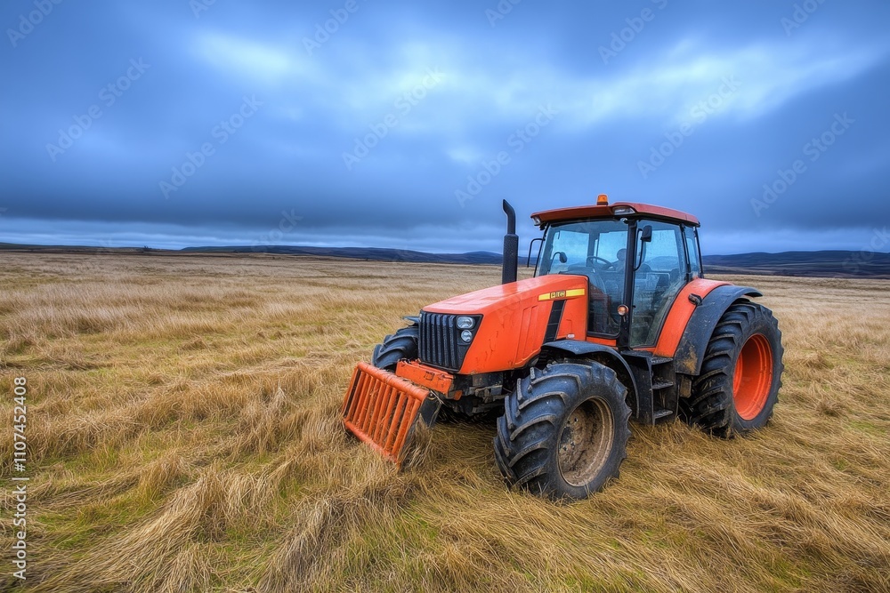 Fototapeta premium Orange Agricultural Tractor in a Rural Landscape under a Dramatic Cloudy Sky, Surrounded by Tall Dry Grass in an Open Field with a Scenic Horizon