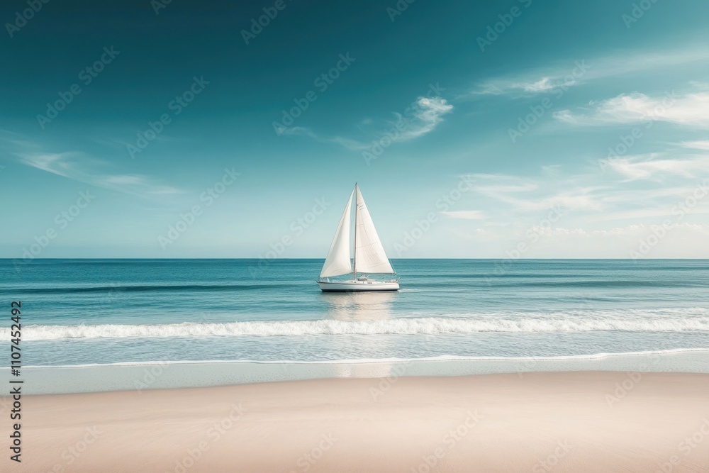 Fototapeta Solitary sailboat on tranquil ocean beach under a vibrant sky.