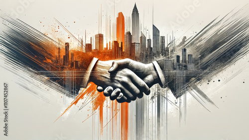 Conceptual drawing of a handshake symbolizing partnership and big business. photo