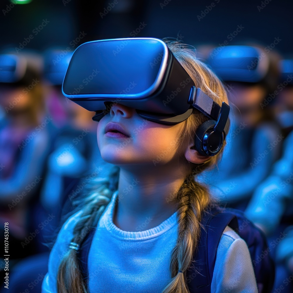 A young girl wearing a VR headset looks up in awe, immersed in a virtual world. A young girl wearing a VR headset looks up in awe, immersed in a virtual world.