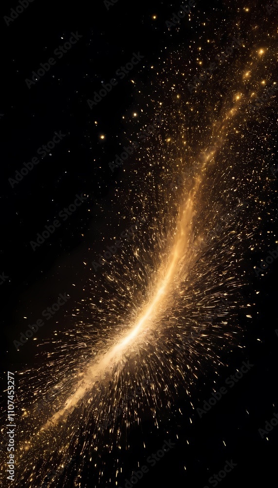 Obraz premium burst of shimmering metallic dust, radiating gold tones particles sparkling against black background