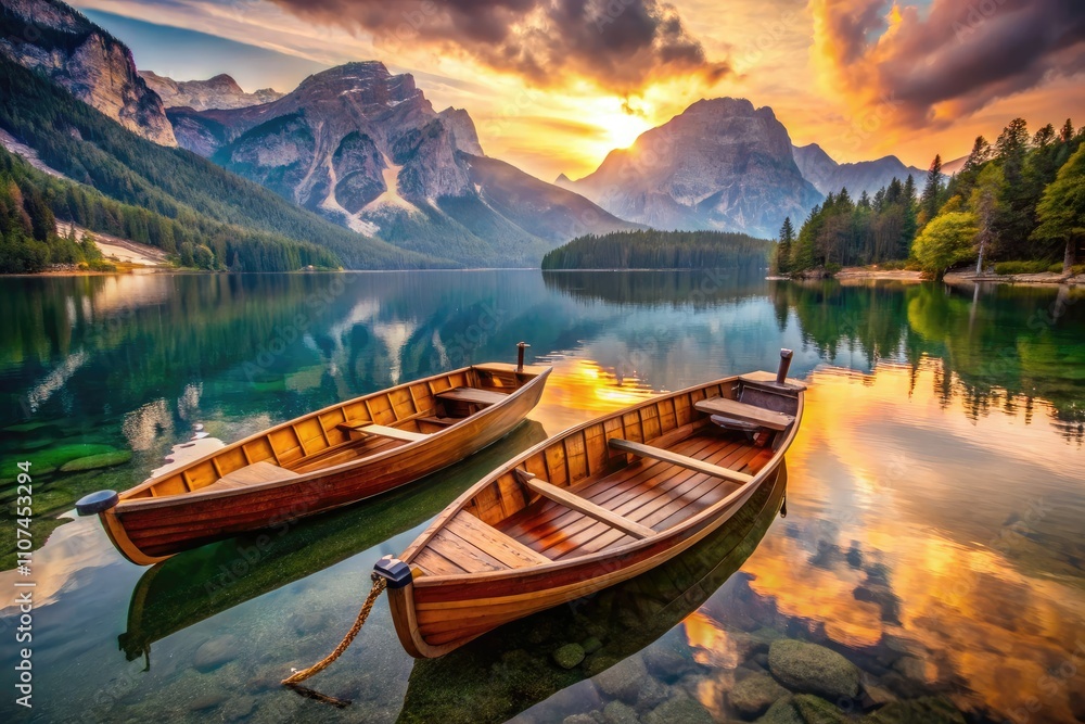 Obraz premium Elegant macro photography captures two wooden boats on a serene lake, embraced by the majestic mountains under a breathtaking sunset, evoking tranquility and nature’s beauty.