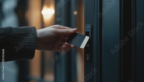 Hand Using Security Key Card To Scan And Access Private Building With Advanced Lock Technology For Enhanced Home And Building Security System