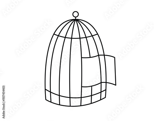 Open cage concept line doodle icon. Flat concept open cage of liberation, freedom sticker. Isolated on white background.