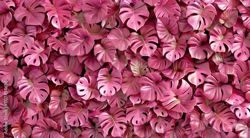 White, pink geometric floral leaves 3d affect Monstera wall texture, floral background 