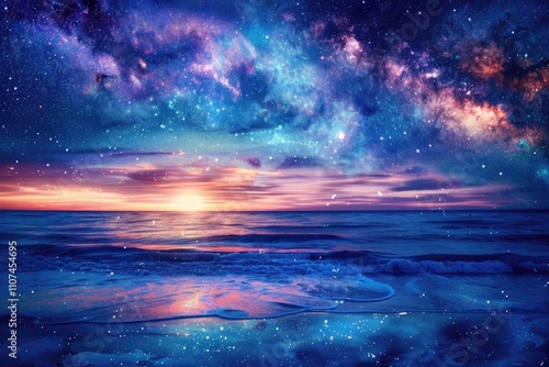 Nebula Milky Way. Sky Full of Stars Over the Sea at Sunset