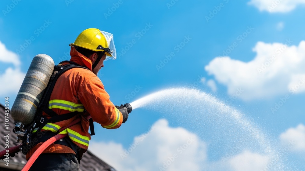 Fototapeta premium Brave firefighter spraying water on burning building