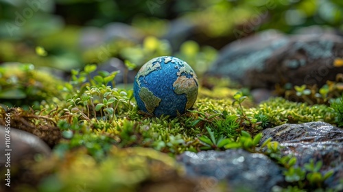 A small blue marble representing Earth nestled amidst a lush, green forest, emphasizing the importance of biodiversity and the interconnectedness of life