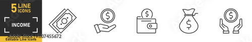 Income line icon set. Set of 5 outline icons related to income, money, earnings, payment, accounting, paycheck and more. Vector illustration.