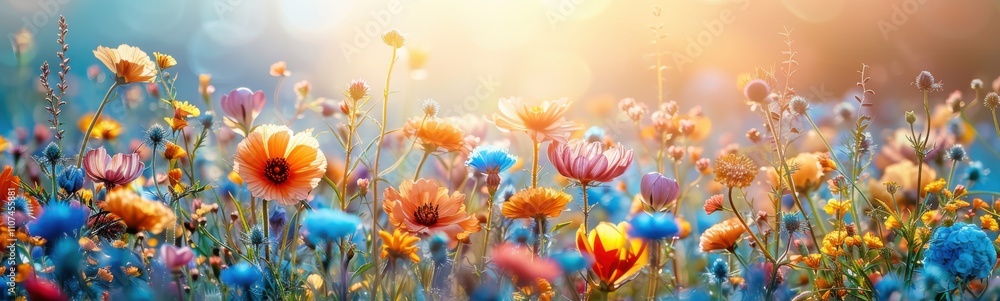Brightly colored flowers in a field with the sun shining, banner, plant background, copy space Brightly colored flowers in a field with the sun shining, banner, plant background, copy space