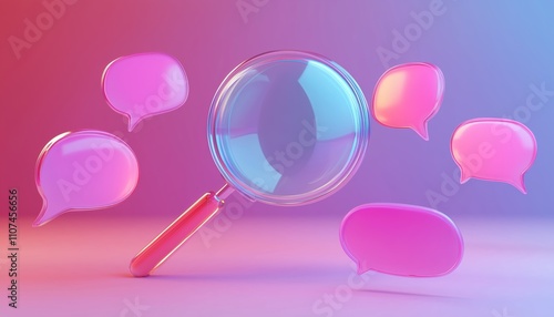 3d Glass Magnifier Notification With Bubble Speech Floating Around: Glass With Speech Chat For Social Media 3d Element, Magnify Search For Message Render. photo