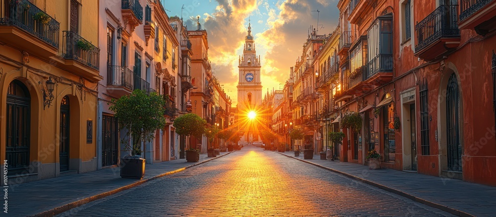 Obraz premium Sunrise illuminates a narrow, picturesque European street lined with historic buildings, culminating in a clock tower.