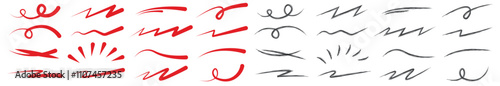 Set of squiggle brush scribble underline. Red marker pen emphasis highlight swoosh stroke. Hand-drawn charcoal underline brushes vector