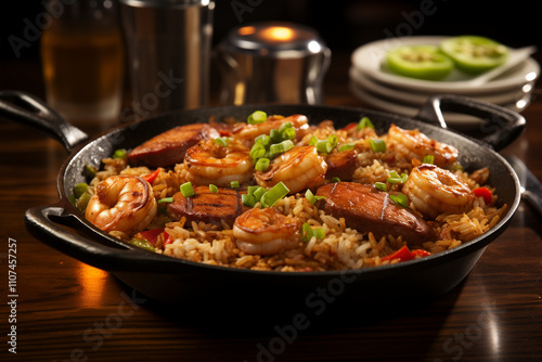 Jambalaya served in a cast-iron skillet, filled with spicy sausage, shrimp, and rice, garnished with chopped green onions and red pepper flakes. photo