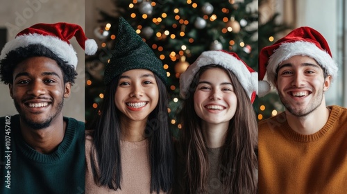 collage of four multiethnic diverse people on Christmas hat with Christmas tree video call --ar 16:9 --v 6.1 Job ID: b0fdd0f7-94e7-478f-9a6e-ff3d79878a6a photo