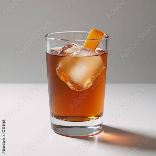 Close-up shot of Boulevardier cocktail in lowball glass against white backdrop photo