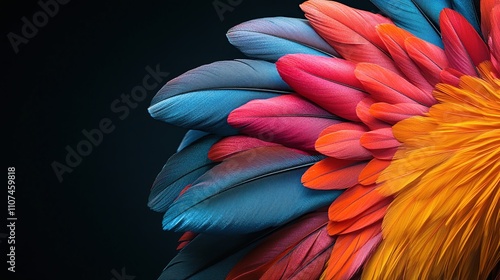 A vibrant display of colorful feathers, showcasing a blend of blue, pink, and orange hues. photo