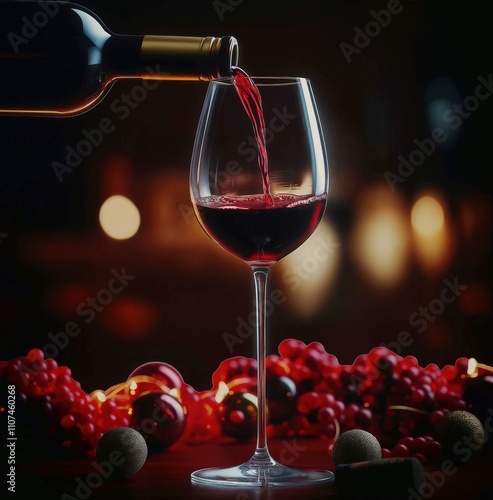 Bottle of red wine being poured into a glass on a party background photo