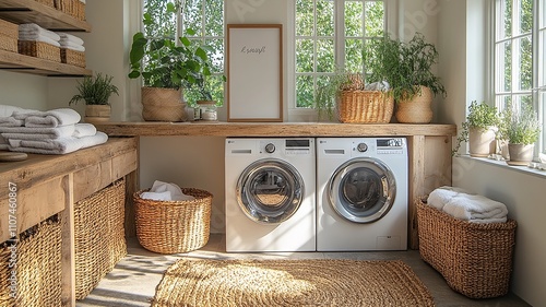 Modern laundry room featuring well-organized storage and natural decor in a bright, sunny space