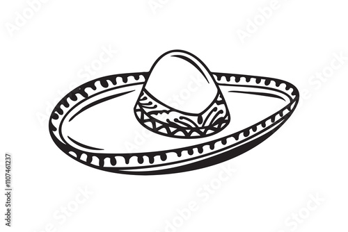 Hand drawn Mariachi hat illustration. Doodle mariachi hat. Sketch of mariachi hat isolated on white background. Sketch of sombrero. Vector illustration.