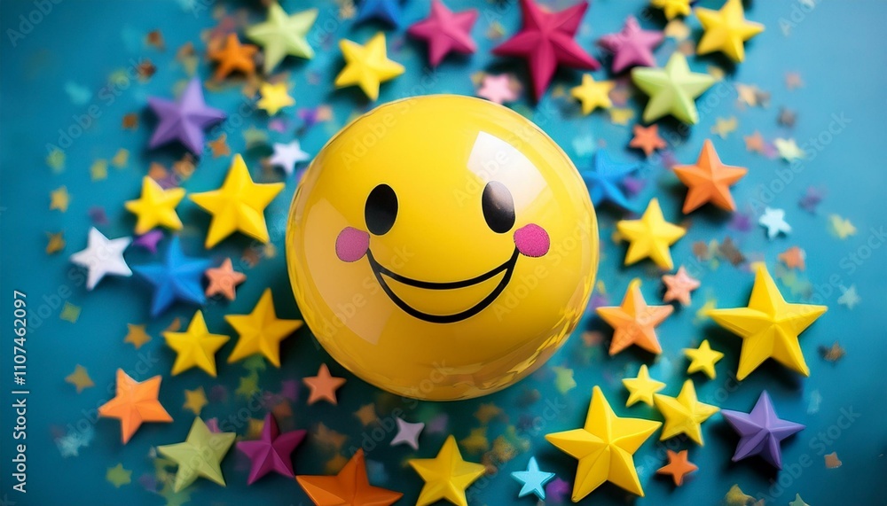 Naklejka premium smiling yellow emoji ball surrounded by colorful stars creates a cheerful and playful mood
