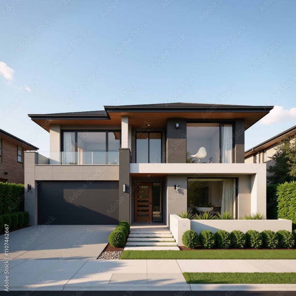 Fototapeta premium Ultrarealistic image modern stone clad home with large windows wooden eaves in lush greenery Perth style