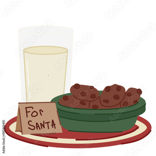 A festive illustration of milk and chocolate chip cookies with a note for Santa, placed on a colorful plate. A cozy holiday tradition for Christmas Eve celebrations
