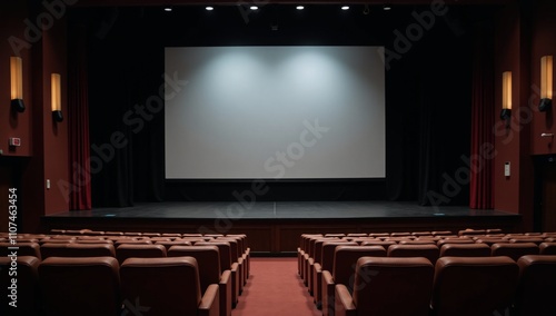 Wide-format blank screen with stage and rows of seats for an event or performance photo