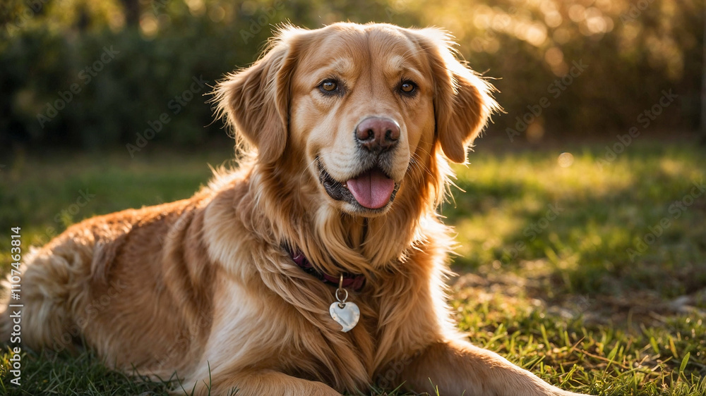 Obraz premium Full-length golden retriever dog, long hair, in the garden, close-up photo.