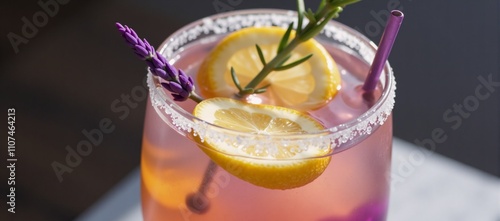 Vibrant lemon-lavender cocktail with delicate flavors and aromas photo